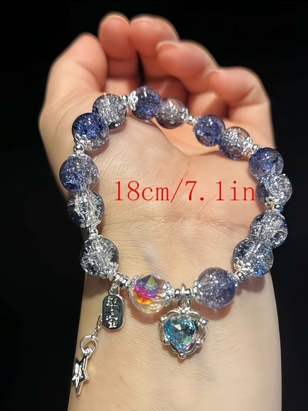 Sterling-Inspired Blue Crystal Heart Charm Bracelet